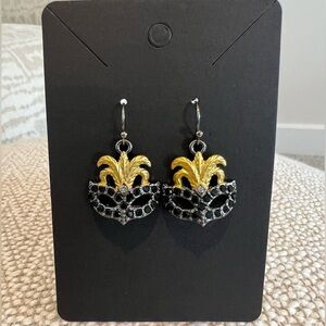 Gold tone/black crystal Mardi Gras masquerade earrings